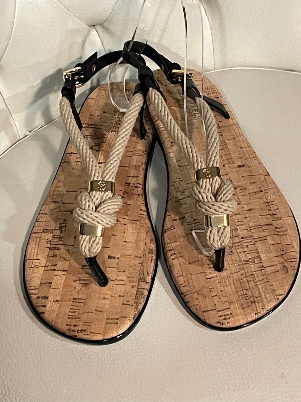 Michael Kors Beige Rope-Knot Cork Thong Sandals Black Trim Gold accents Size 8